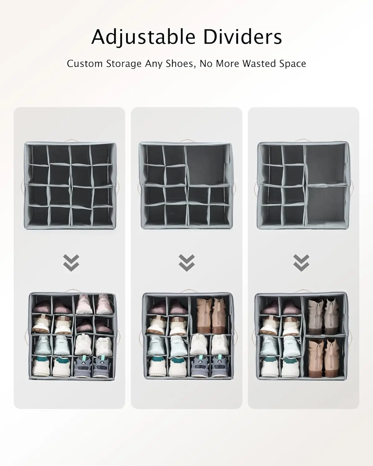 Органайзер для обуви для шкафа, ящик для хранения обуви с прозрачной крышкой и усиленными ручками, регулируемые разделители, подходит для корзины для обуви на 8–16 пар