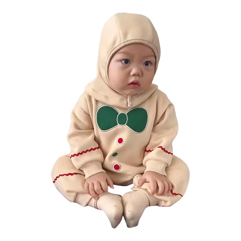 Baby Christmas Gingerbread Man Costume Long Sleeve Full Length Romper with Hat 2 Pcs Set