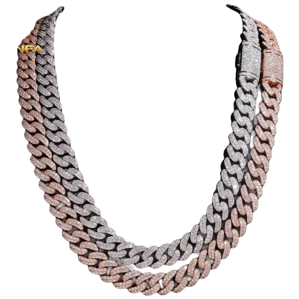 

Hip Hop Jewelry 13mm 2 Rows Moissanite Cuban Link Chain 925 Silver Iced Out Moissanite Cuban Chain for Men