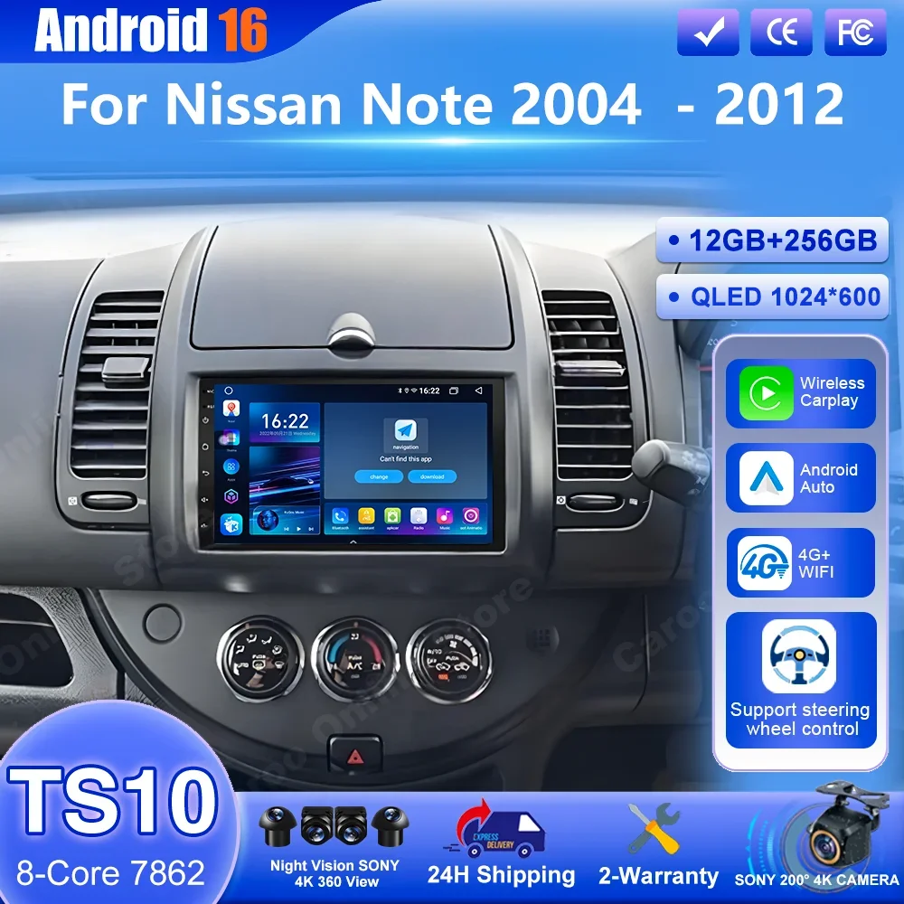 

Android 16 For Nissan Note 2004 - 2012 Car DVD Carplay Multimedia Player Radio Stereo Auto GPS Navigation 4G WIFI Touch Screen