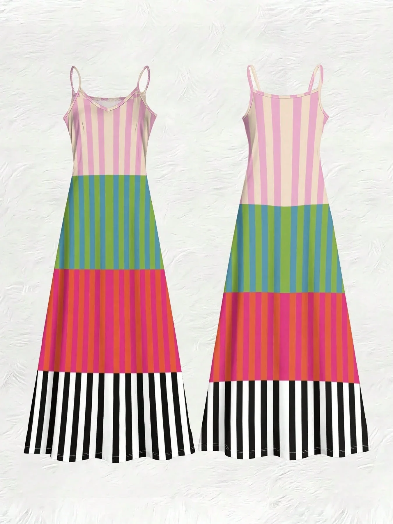 

Платье макси на тонких бретелях с цветными блоками и полосками, повседневное, летнее, пляжное