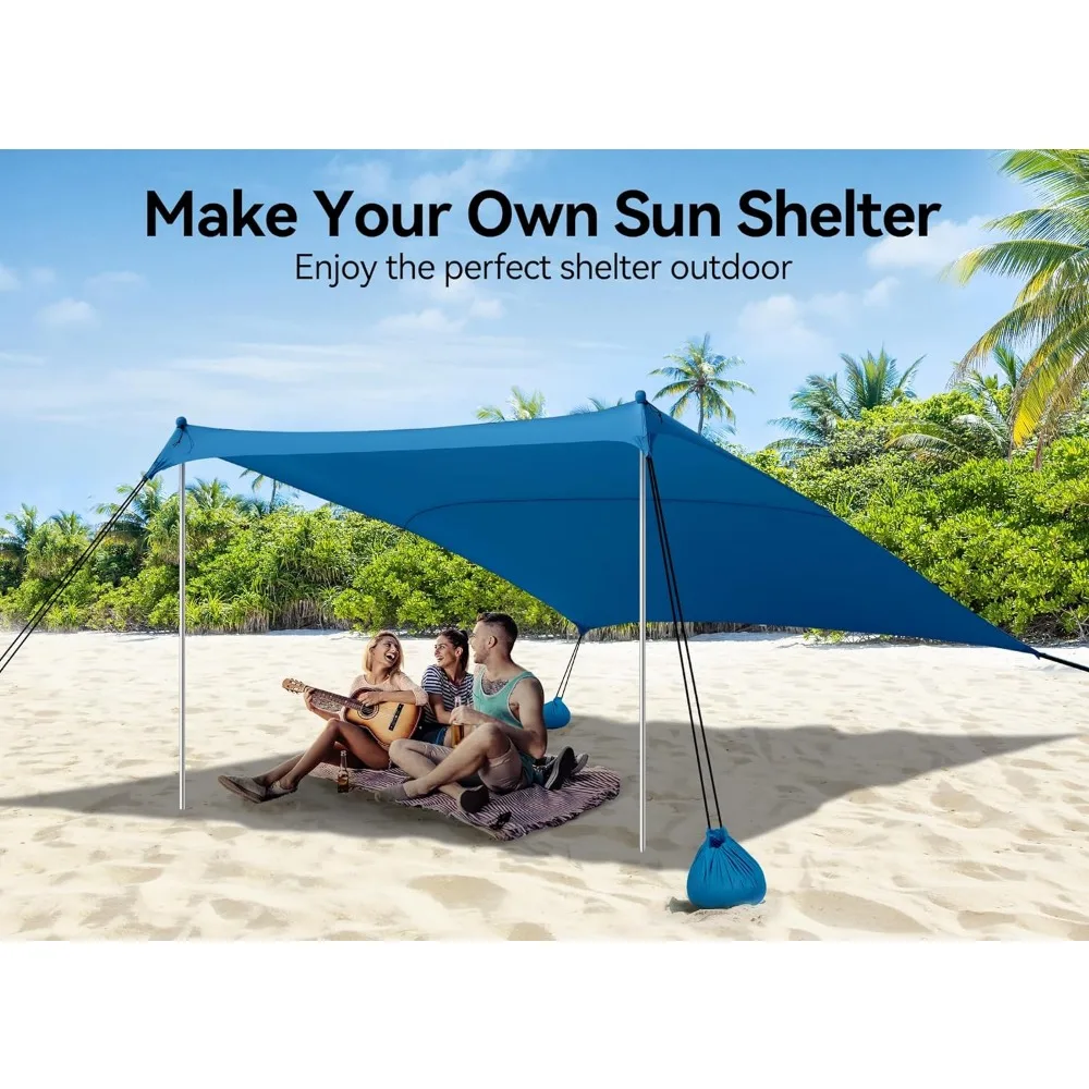 Tenda pantai, Camping Sun Shelter 10x10 kaki, dengan 4 kantong pasir, UPF50 +, termasuk sekop pasir, pasak TANAH & tiang stabilitas