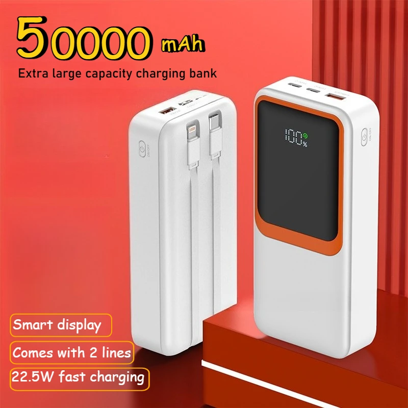 

50000 мАч Power Bank большой емкости 22,5 Вт USB C Быстрая зарядка Встроенный кабель Внешняя запасная батарея для IPhone Xiaomi Huawei