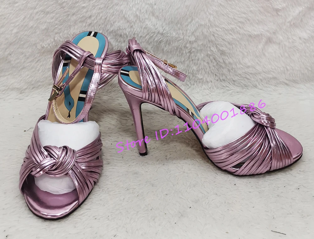 Summer New Woven Women\'s Sandals Sexy Peep Toe Ankle Strap Thin High Heels Pink Knot Hollow Stiletto Party Wedding Female Shoes