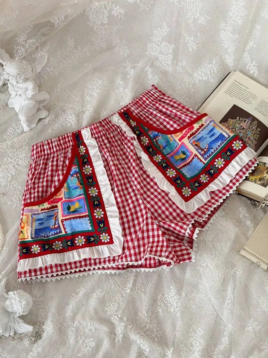 

Red Gingham Women Shorts With Floral Patchwork Ruffle Trim Pajama Boxer Shorts