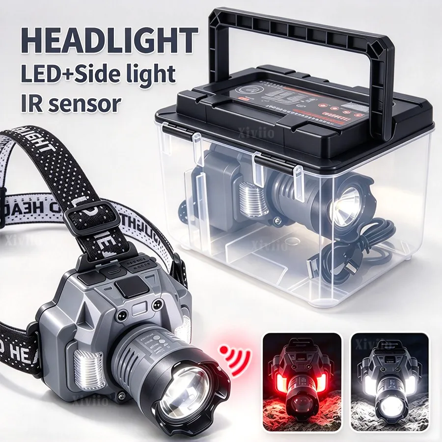 2026 New IR Sensor Head Flashlight 18650 Type-c Rechargeable LED Front Lamp with Side Lights Head Lantern for Hunting and Fishin