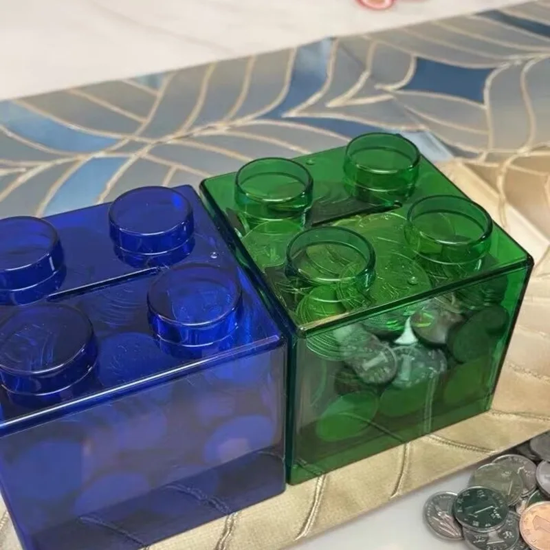 กล่องเก็บของรูปทรงตัวต่อสร้างสรรค์ 5 ชิ้น สำหรับของเล่น โถเก็บเงินแบบสร้างสรรค์ กล่องเก็บเหรียญแบบซ้อนได้ โปร่งใส