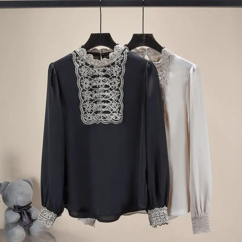 Camisa de gasa de tela satinada para mujer, camisa de manga abombada de encaje, cuello redondo, Patchwork, manga larga, combina con todo, Tops de oficina para mujer, Primavera