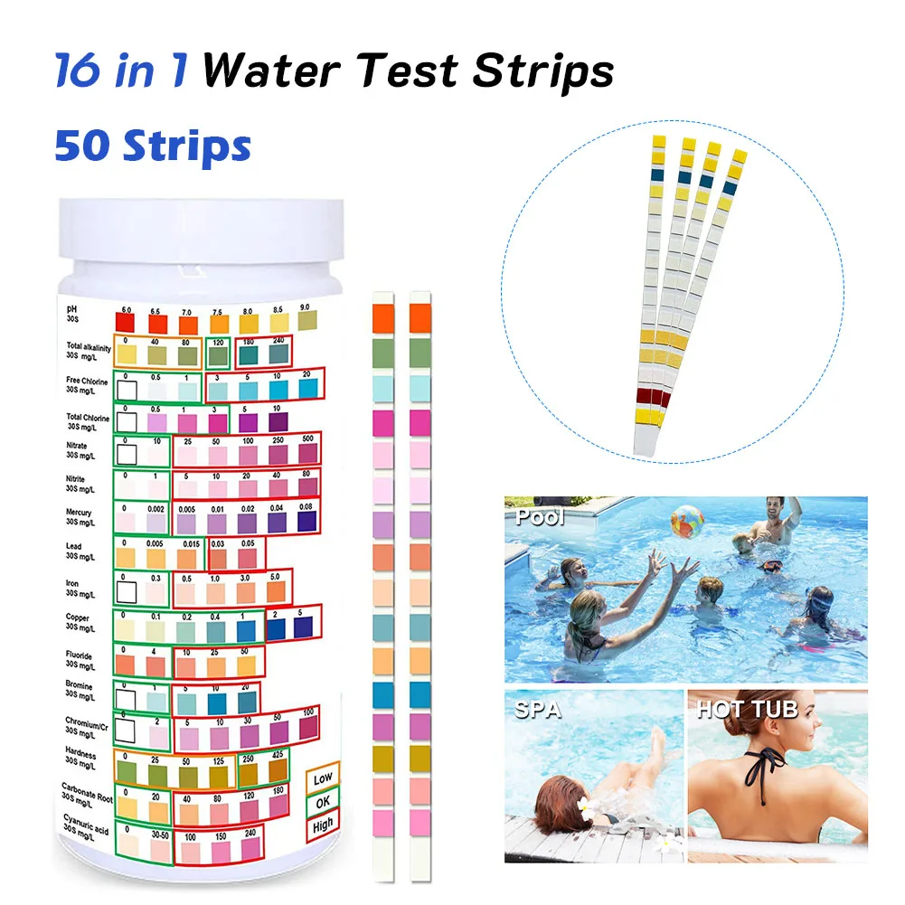 50/100 Strip 16 In 1 Drinking Water Test Kit Water Test Strips for Hardness PH Fluoride Lead Nitrate Home Water Quality Test Kit