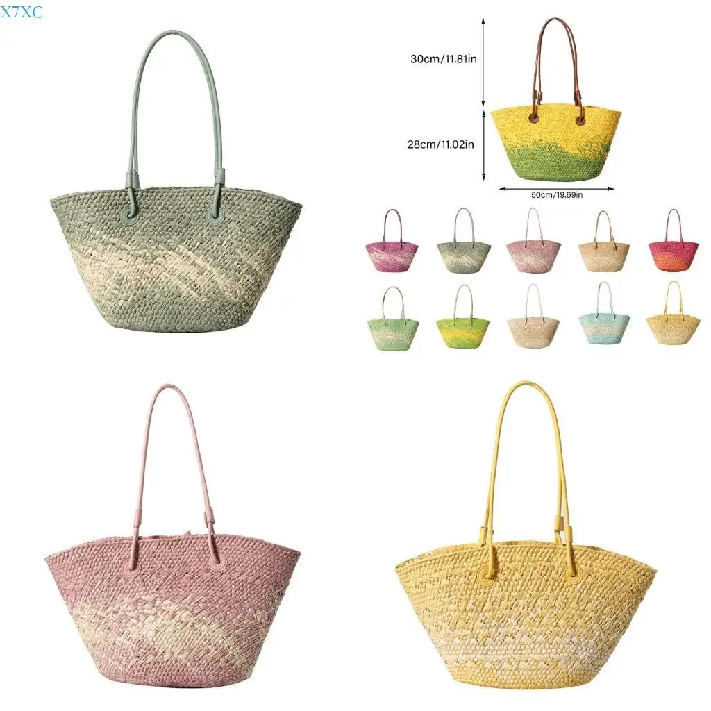 

X7XC Large Capacity Weave Shoulder Bag Women Beach Colorful Straw Basket Bag Handbag
