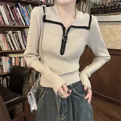 Half Zip Lapel Knit Sweater For Women's Spring New Design Sense, Niche Loose And Slimming Bottom Top Women Knitted Shirt Sweater