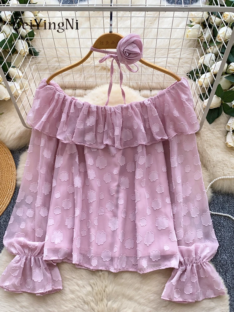 

Beiyingni 202, осенние женские блузки, жаккардовые шифоновые рубашки с 3D цветочным принтом, повседневные милые французские женские розовые блузки с оборками и длинными рукавами