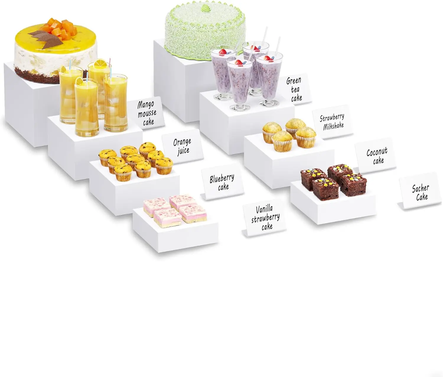 

White Acrylic Buffet Risers with Mini Signs, Food Display Stands for Dessert Catering, Nesting Cube Boxes (2 Set, 6-8")