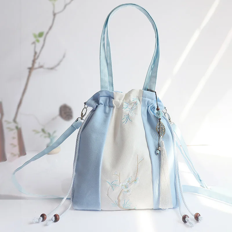 Chinese Style Hanfu Handbag Literary Vintage Flower Embroidery Shoulder Bag Ancient Style Messenger Bag Drawstring Purse