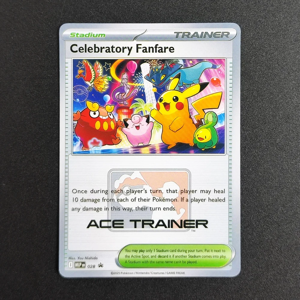 

Proxy Pocket MonSter P.M English Celebratory Fanfare ACE TRAINER 028 Collectibles RARE Single Card Classic Game Anime Cards Toys