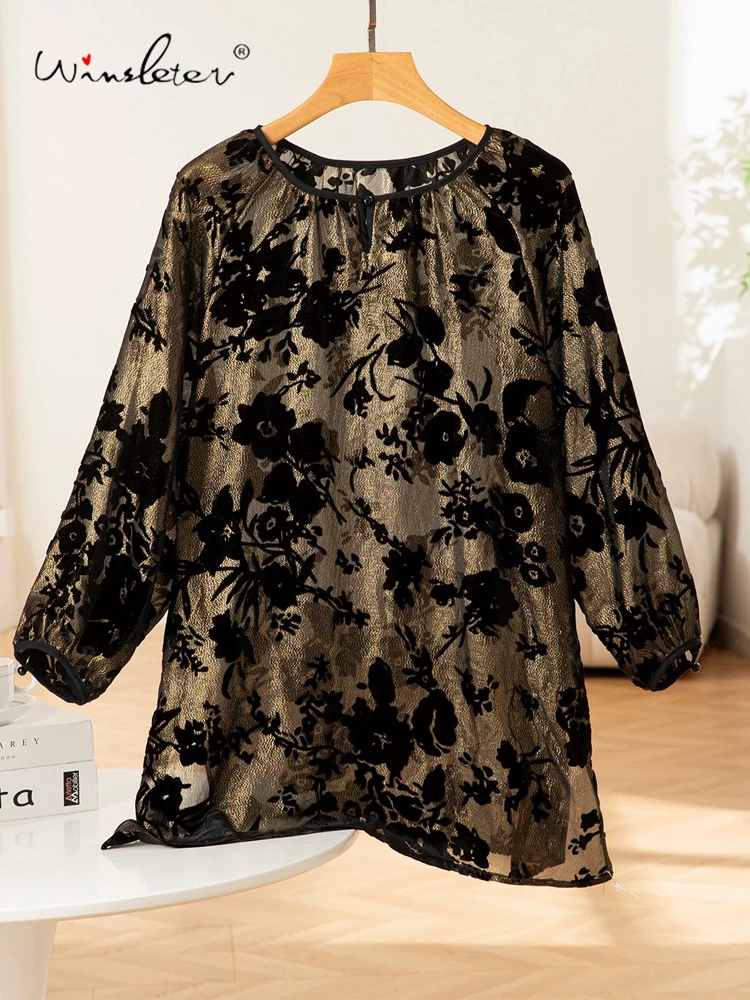

Winsleter — элегантная бархатная футболка из шелка 62,6%, рукав 3/4 с круглым вырезом и цветочным принтом, женские шикарные свободные топы в стиле ретро, осенняя новинка 2023 года T5O914CC