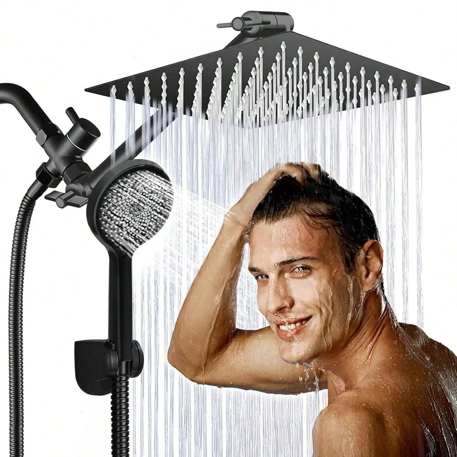 

8/12" High Pressure Rainfall Shower Head Combo, 9-Set, 9" Arm, Anti-Leak, Chrome/Matte Black