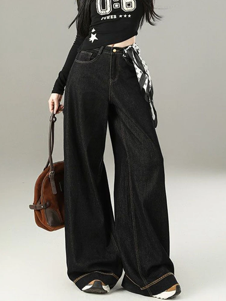 FINEWORDS Retro Casual Koreańskie Czarne Jeansy Damskie Streetwear Wysoki Stan Łatwe Do Dopasowania Długie Szerokie Nogawki Spodnie Jeansowe