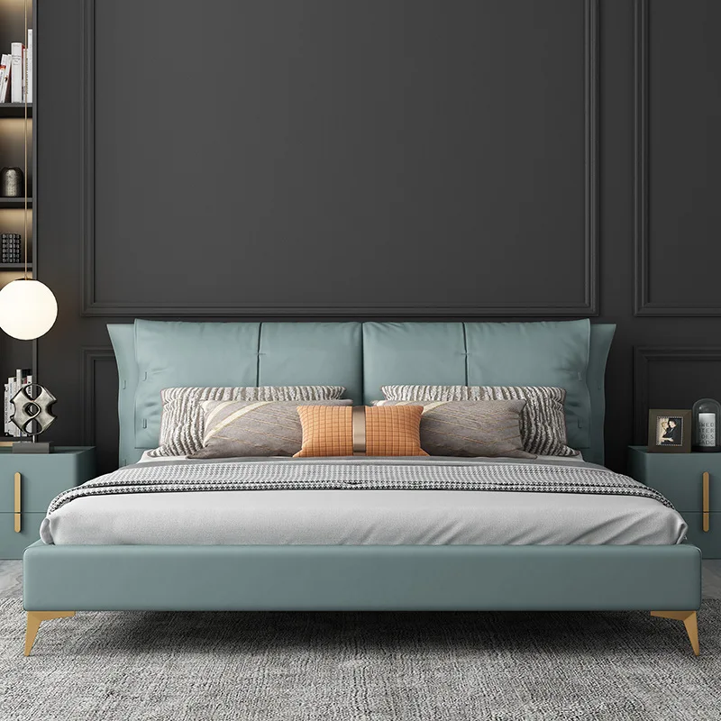 

Light luxury Internet celebrity ins bedroom solid wood leather bed down soft bag bed minimalist high-end size apartment nappa le