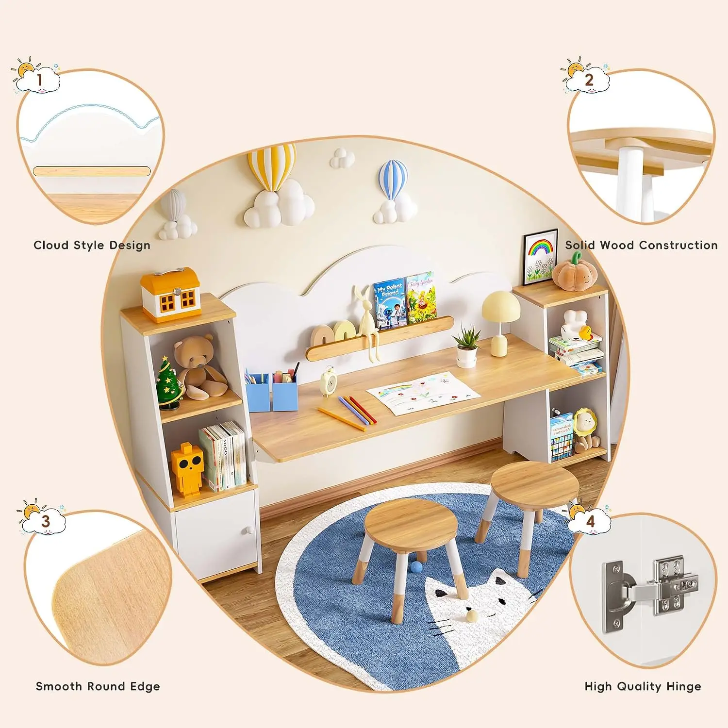 Kids Study Desk & Chair Set with Storage Bookshelves 2 Stools, Student Children Table for Bedroom, Ages 3-8, Customized view 6