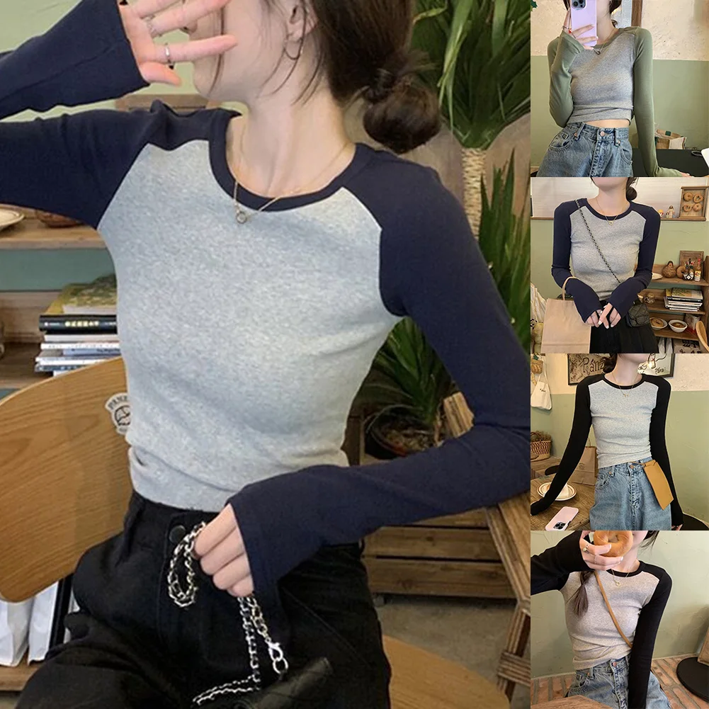 Lässiges Langarm-T-Shirt für Damen mit leichtem Stretch-Polyester-Spandex-Mischung, bequeme Passform für Herbst und Winter