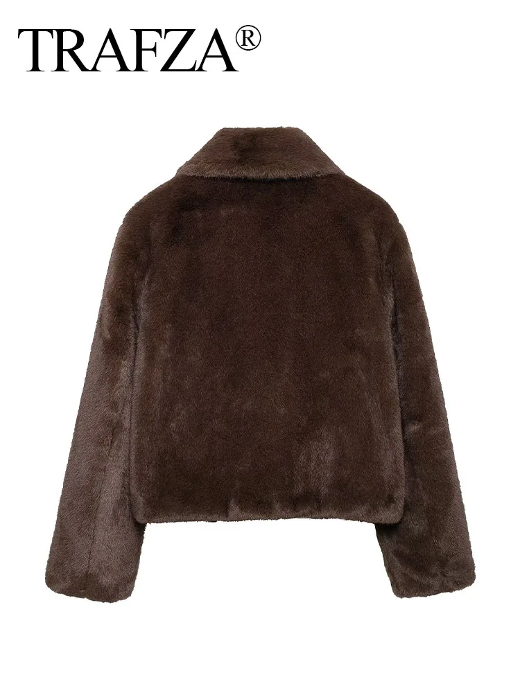TRAFZA Elegant Woman Faux Fur Warm Jackets Women Lapel Long Sleeves Single Breasted Side Pockets Decorate Chic Slim Winter Coat