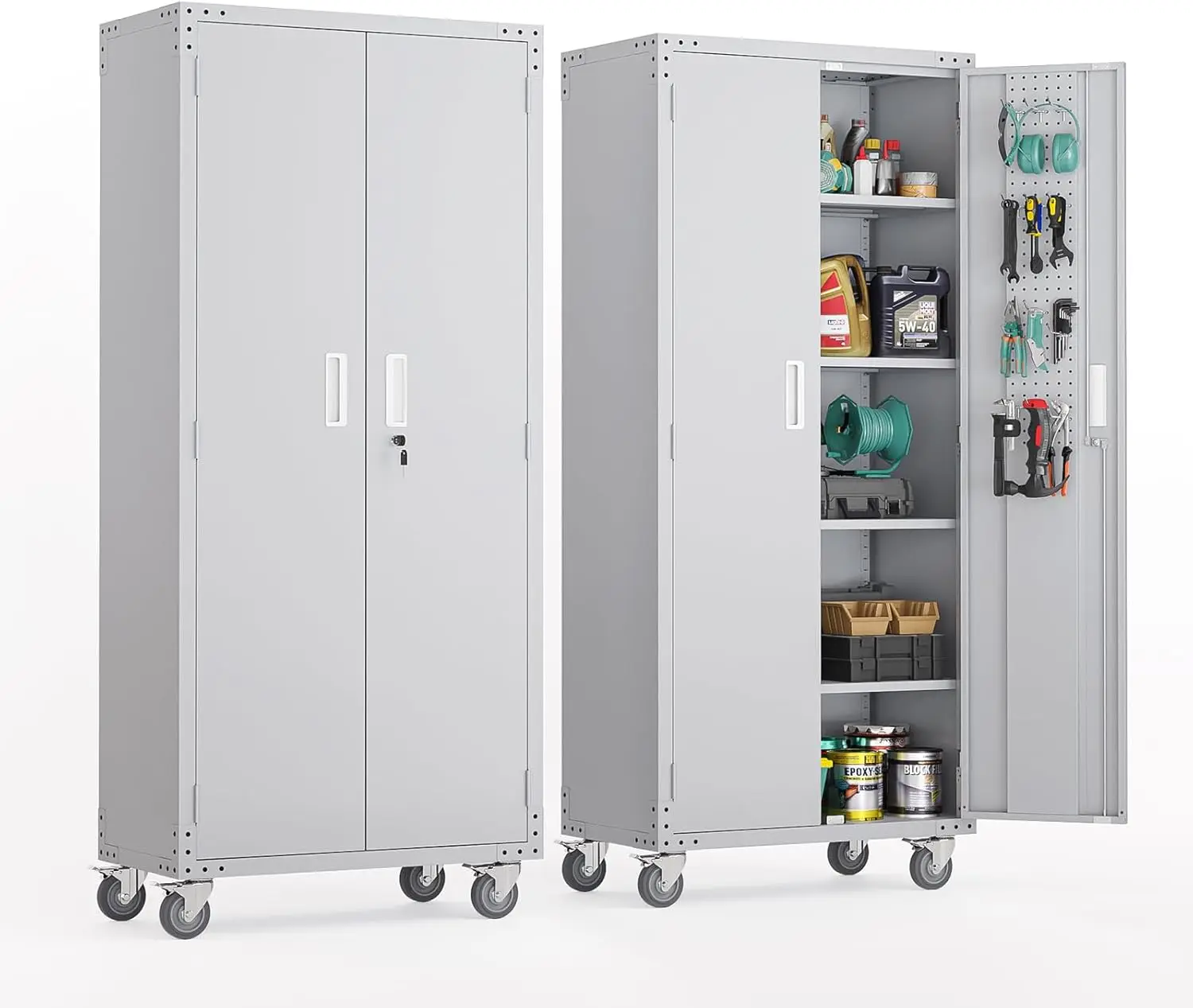 Vingli 72'' Tall Garage Storage Cabinet, Metal Storage Cabinet With Pegboards, Wheels, Locking Doors And Adjustable Shelves