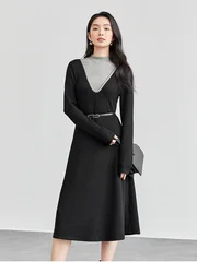 SENTUBILA Patchwork A-line Dresses Women 2024 Autumn Winter Spliced Knite Half High Neck Commute Long Dress with Belt 144L57334