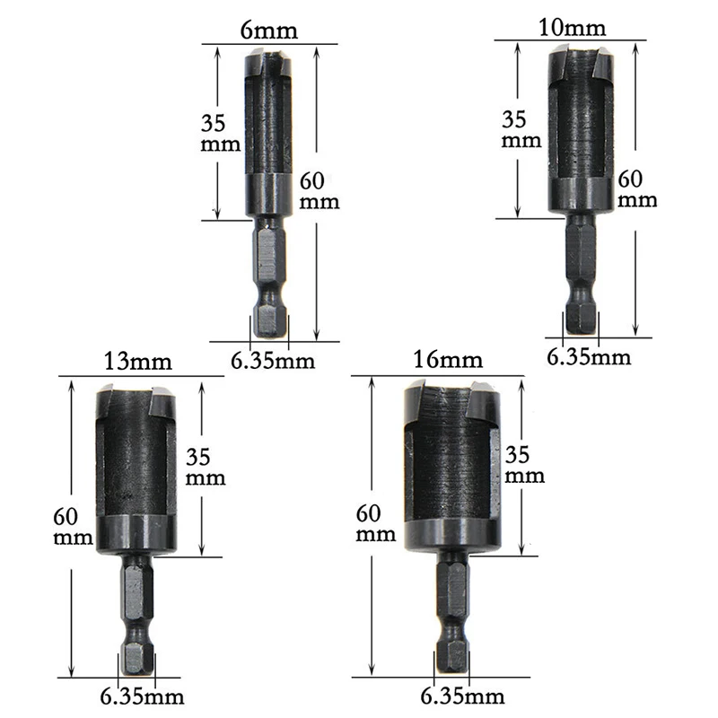 4 pezzi trapano con tappo in legno nero con manico esagonale 6mm 10mm 13mm 16mm set di utensili da taglio per punte da trapano per lavorazione del legno