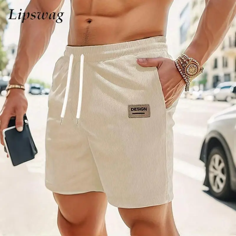 

Мужские повседневные свободные шорты 2026: летние пляжные модные однотонные прямые вельветовые шорты в винтажном стиле с завязками