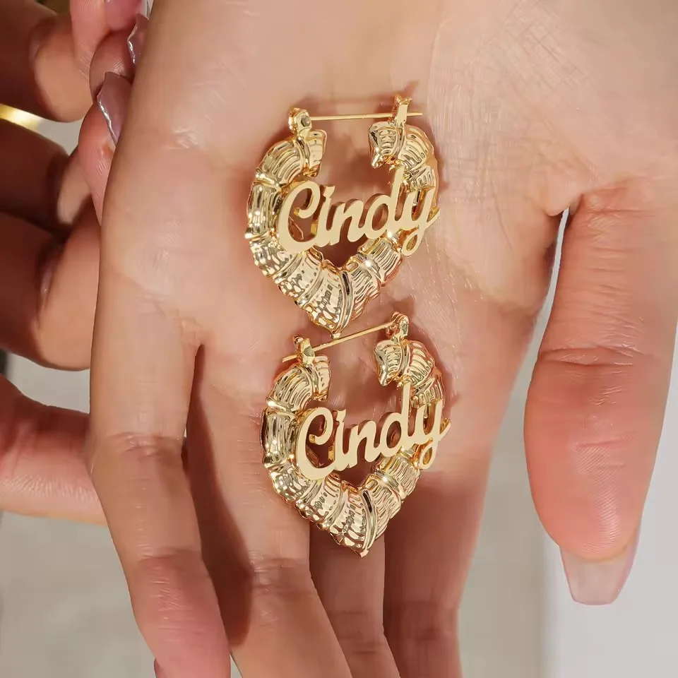 Kids Name Bamboo Earrings Personalized Nameplate Earring Custom Heart Bamboo Earrings For Women Christmas Jewelry Gift