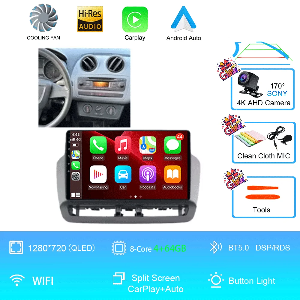 Android 16 QLED touchscreen autoradio voor Seat Ibiza 2012-2015, 12GB+256GB, multimediaspeler, 5G WIFI, BT, GPS navigatie - afbeelding 1