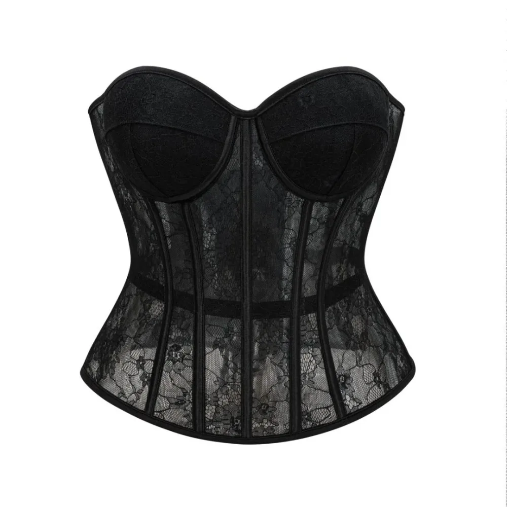 Corsetto Nero Gotico Esotico in Pizzo Floreale Trasparente Nero con Ferretto e Coppe Push-Up, Lingerie Modellante Bustier Crop Top da Donna