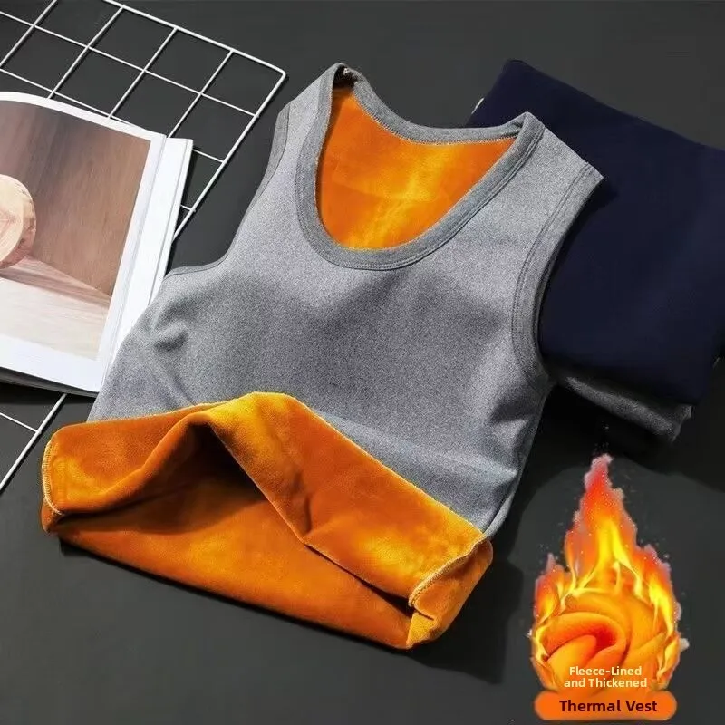 Men's Fleece Thermal Vest Winter Warm Gold Velvet Slim Fit Office Work Underwear Thickened Soft round Neck  Color Vest