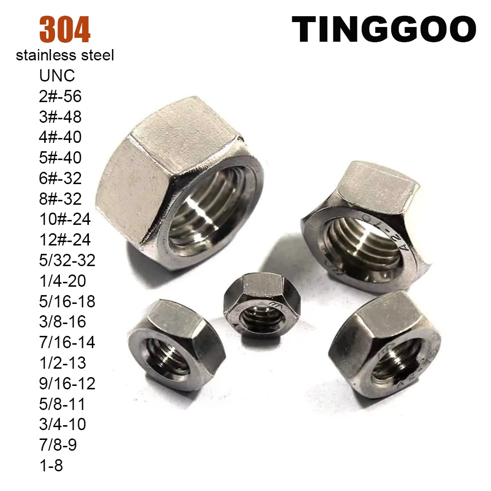 1/50Pcs UNC 2#-56 3#-48 4#-40 5#-40 6#-32 8#-32 10#-24 12#-24 to 1-8 304 Stainless Steel US Coarse UK Thread Hex Hexagon Nut