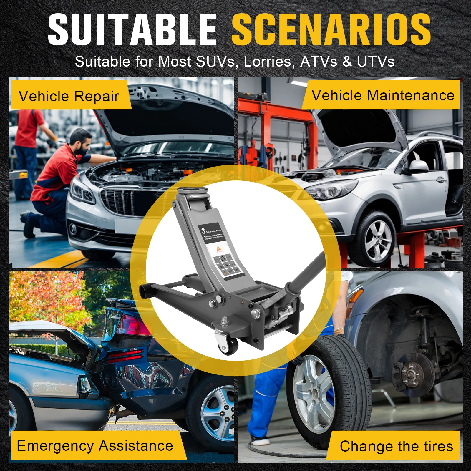 

Гидравлический подъемник 3T с двумя насосами и большими колесами, регулируемый внедорожный домкрат, устойчивый к ржавчине, для легковых автомобилей и грузовиков