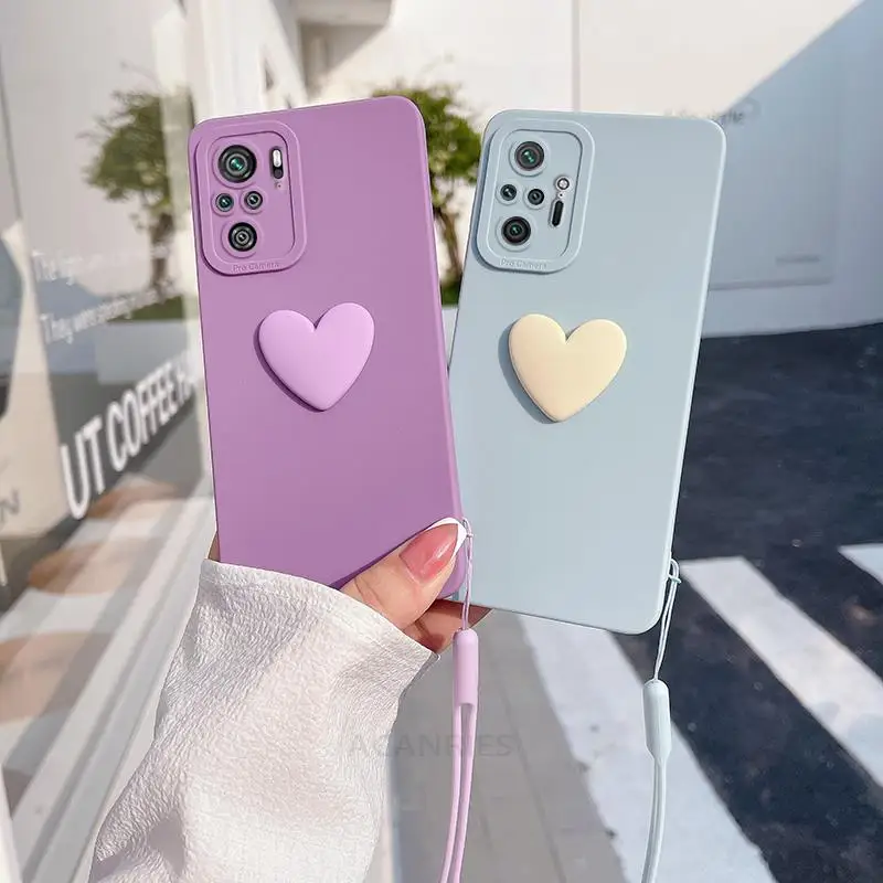 Note10s Cute 3D Love Heart Silicone Case On For Xiaomi Redmi Note 10 Pro 4g 10s 10pro 11 11s Lanyard Wrist Strap Cover Poco M5s