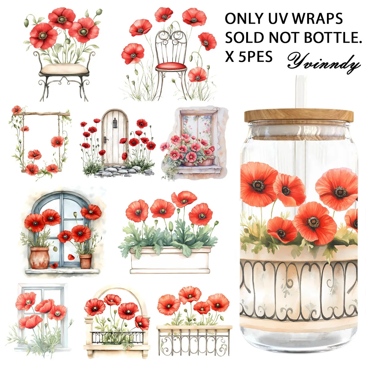 5 Stück/Set 16OZ UV DTF DIY Transferpapier - Frühlings-Aquarell-Blumen UV DTF wasserdichter Film (ohne Wasserbecher)