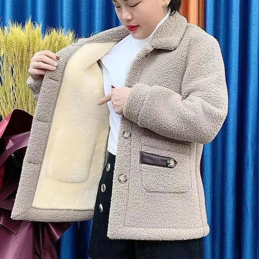 Winter 2023 New imitation Lambswool Coat Women's Thicken Warm And Velvet Outwear Female Single-Breasted Fur Cashmere Jacket Tops