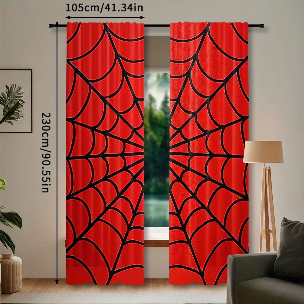 ستائر حمراء على شكل شبكة عنكبوت سوداء مكونة من قطعتين، ستائر نافذة جيب قضيب لغرفة النوم وغرفة المعيشة وديكور المنزل، طراز الهالوين القوطي #5