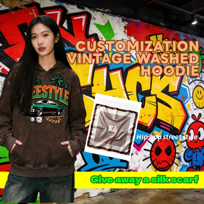 customization Vintage Washed Hip-Hop Streetwear Hoodie|Unisex Fit|1pc Free Scarf|Casual Streetwear|Relaxed Fit|New Arrival 2025