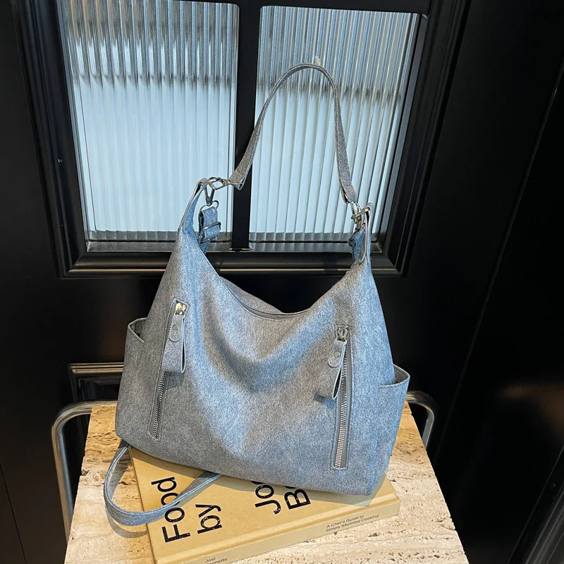 

Vintage Frosted PU Leather Shoulder Bag For Daily Used, Double Zipper Casual Tote Women's Crossbody Bags For Commuting