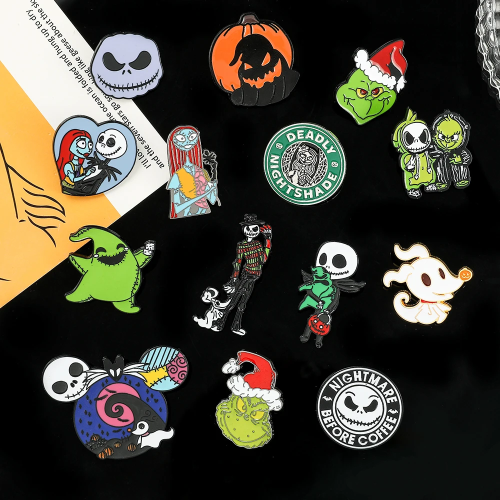 Anime the Nightmare Before Christmas Brooches Jack Skellington Jewelry Metal Badges Disney Halloween Accessories Enamel Pins