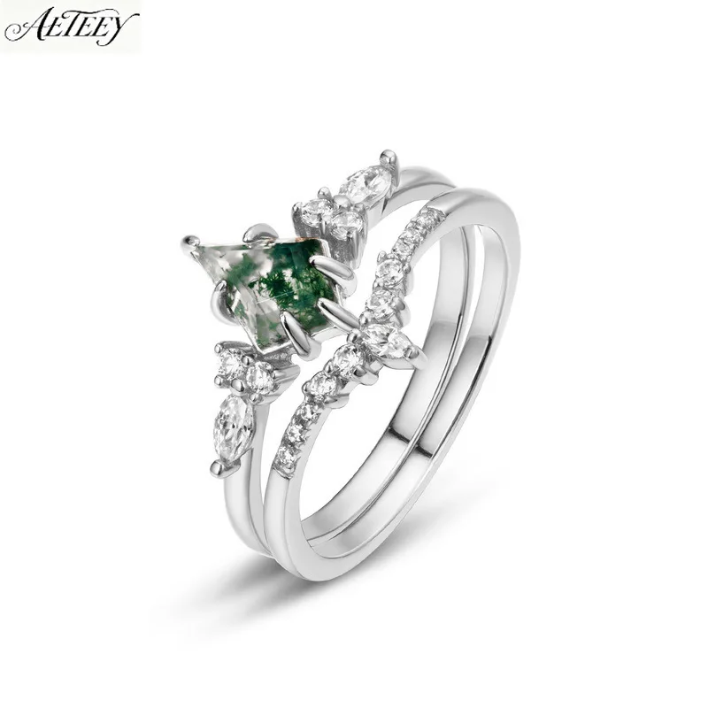 AETEEY S925 Silver Moss Agate Ring Light Luxury Fresh Natural Green Gem Temperament Women Finger Jewelry