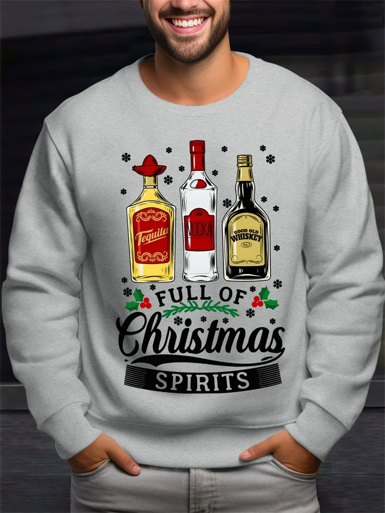 

Новая мужская повседневная толстовка с круглым вырезом, виски и рождественским узором — длинные рукава с падающими плечами, смесь полиэстера