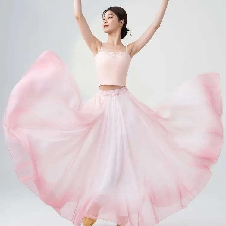 Elegante rosa saia de balé feminino chiffon flowy longo dancewear 720 graus traje de dança clássica desempenho prática saia