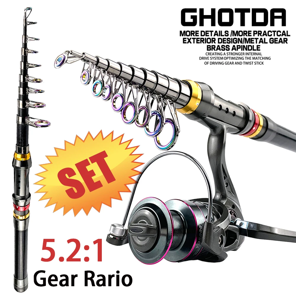 GHOTDA Combo caña telescópica carbono – Largo alcance spinning mar