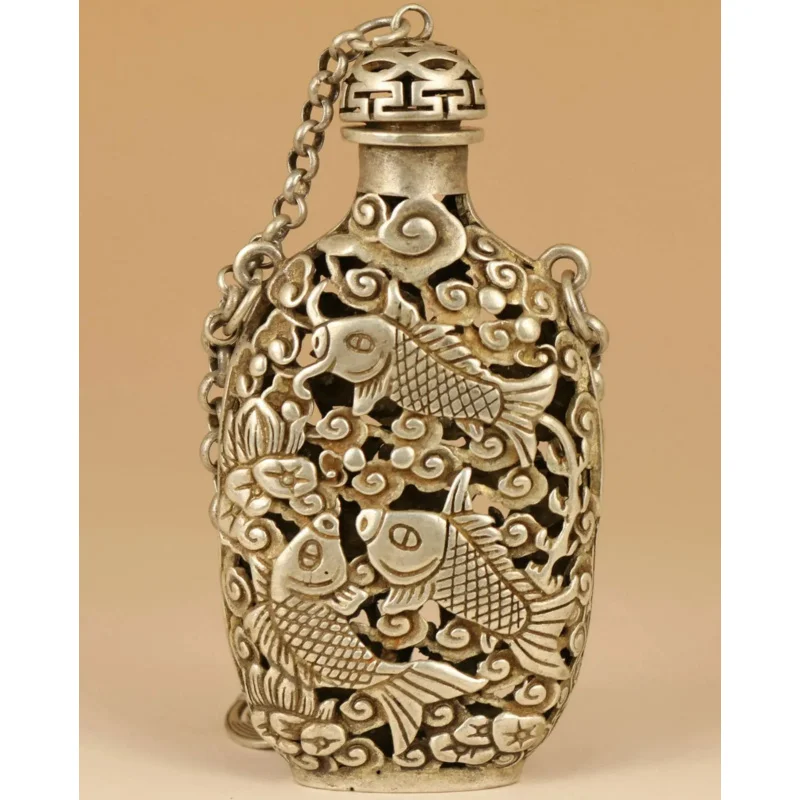 old tibetan silver hand carved hollow out fish lotus statue snuff bottle pendant