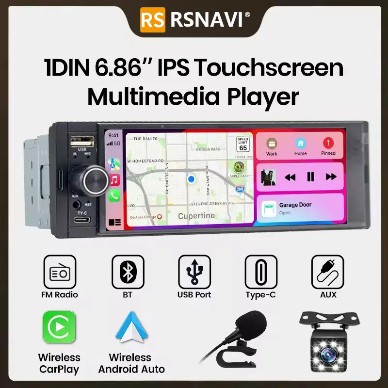 RSNAVI 6,86 Zoll Universal 1 Din Autoradio Radio MP5-Player Drahtloses Carplay Android Auto BT SWC FM USB Typ-C-Stecker Autoradio