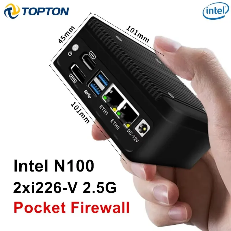 Komputer Mini, PC Mini pra-instal Windows 11 Pro Intel N100 komputer Desktop Mini HDMI DP Dual RJ45 Ethernet dan kipas pendingin